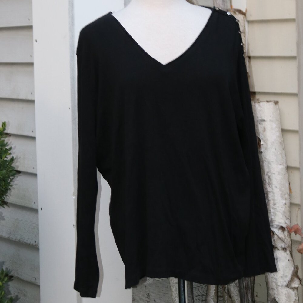 Ralph Lauren Plus Size Black V-Neck Button Shoulder Long Sleeve Cotton Tee Sz 3X